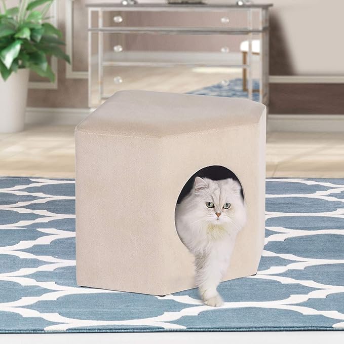 Adeco Modern Cat Condo Ottoman Pet House Ottoman with Removable Padding Round/Square Foot Stool Ottoman 2-in-6 Kitty Bed for Small Cats