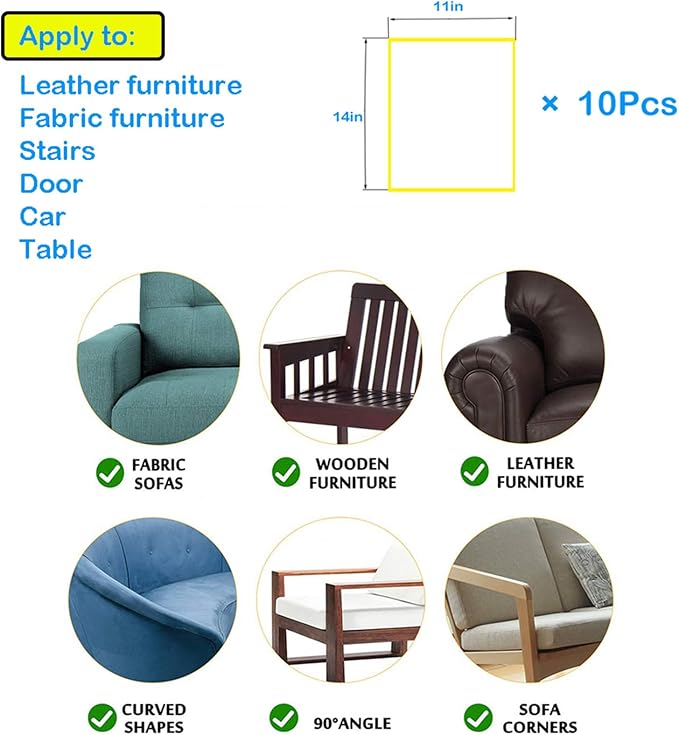 Anti-Scratch Furniture Protectors - 10pcs Clear Double-Sided Cat Scratch Deterrent Tape for Couch, Sofa, Chair & Leather