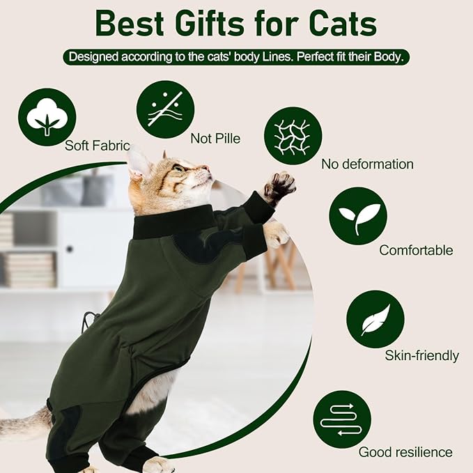 Cat Pajamas for Cats Only, Sticky Hair Cat Clothes, Long Sleeve Sphynx Clothes, Anti-Licking or Skin Disease Recovery Suit for Female Cats, Kitten Onesie Pajamas, ArmyGreen, 2XL
