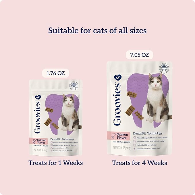 Groovies Cat Daily Dental Treats. Tasty, Crunchy Bites Cats Love. Salmon Flavor. Powered by USA-Patented DentalFit Technology. No Added Gluten, No Artificial Flavors or Colors. 1.76oz (115 Treats)