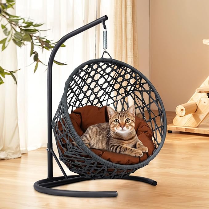 Cat Swing Bed with Stand & Cushion Indoor Outdoor, Cat Egg Chair with Rattan Wicker Appearance, Indoor Hanging Swinging Hammocks Cats Bed for Cat, Dogs, and Small Animals (Brown)