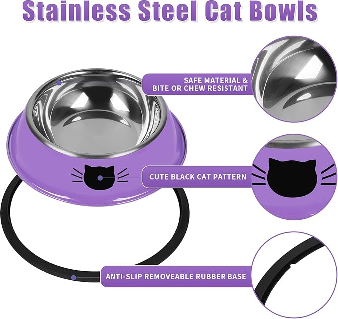 Serentive 3 Pcs Non-Slip Stainless Steel Small Cat Food Bowls - Unbreakable, Thicken 7 Oz Cat Dishes - Indoor, Removable Rubber Base, Easily Clean, Lovely Color