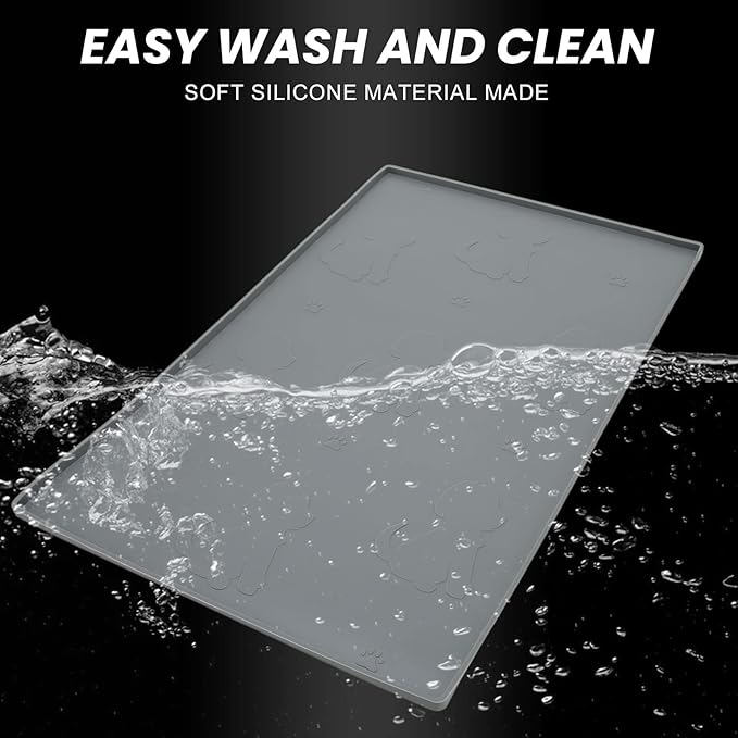 Dog Feeding Mat, Waterproofed Cat Food Mats, Anti Slip Silicone Cat Dog Food Mat for Messy Drinkers to Protect Floors (Gray)