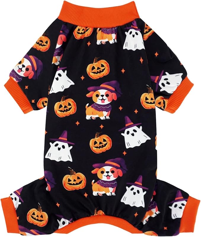 XPUDAC Dog Halloween Pajamas for Small Medium Dogs Pumpkin Costume Soft Puppy Clothes Pet Outfit Doggy Jumpsuits, Large