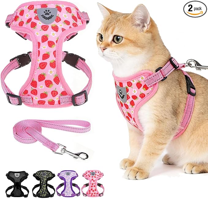 EXPAWLORER Escape Proof Cat Harness and Leash Set - Soft Breathable Vest Harness with Adjustable for Kitten Puppy Outdoor Walking Travel, Reflective Harnesses for Small Medium Large Cats, Strawberry M