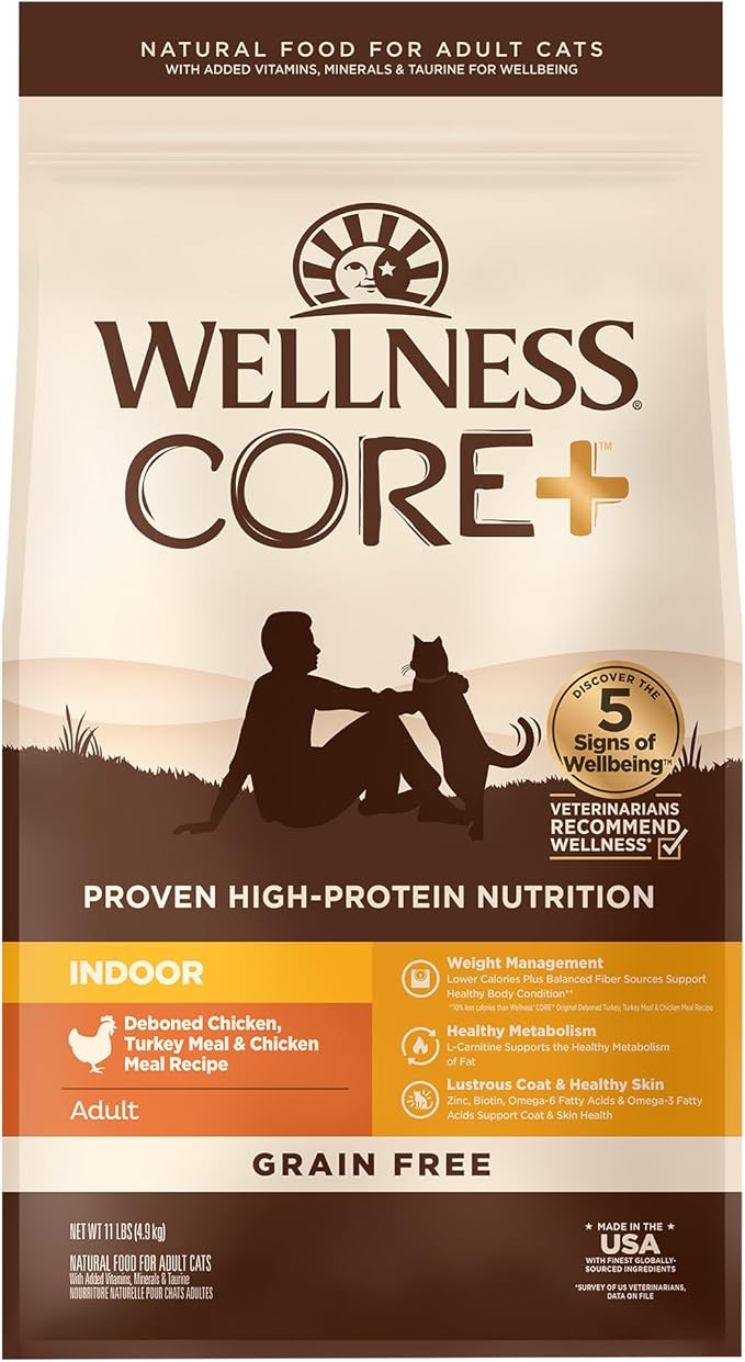 Wellness CORE+ Adult Dry Cat Food for Indoor Cats, Natural, Grain Free Kibble, Chicken and Turkey Recipe, 11 lb Bag