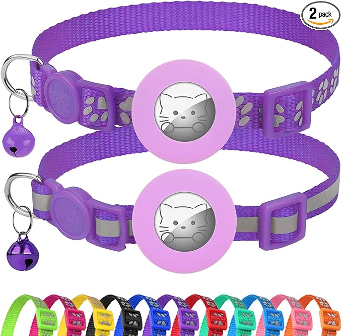 Joytale AirTag Cat Collar 2 Pack with Breakaway Safety Buckle, Reflective Cats Collar with AirTag Holder, Adjustable 7.5-12.5 Inch, Anti-Fraying Lightweight for Girl Boy Kitten, Purple