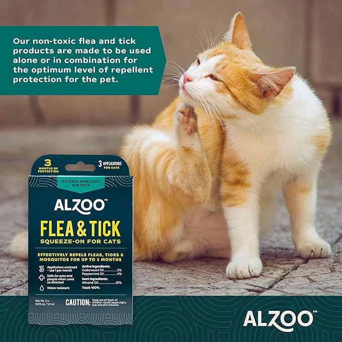 ALZOO Plant Based Flea & Tick Squeeze-On for Cats, Helps Repel Fleas, Ticks & Mosquitos, Up to 3-Months Protection, Plant-Based Active Ingredients, Water-Resistant, 3 EZ-On Applicators Per Pack