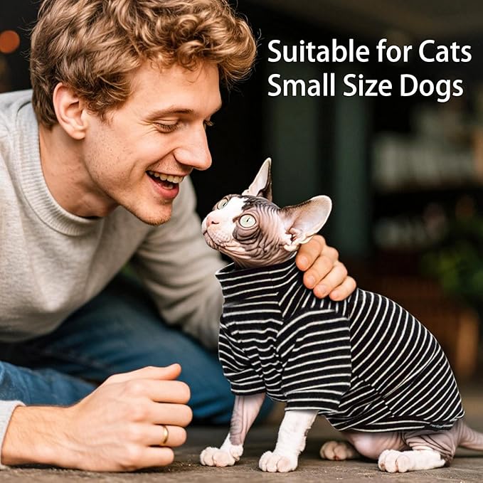 Sphynx Cat Sweater Hairless Cat Clothes Sweater Shirt Soft Warm Long Sleeves Pullover Pet Clothes Pajamas Dog Cloth for Small Dogs Jumpsuit Pet Sweaters (B&W Striped, X-Large)