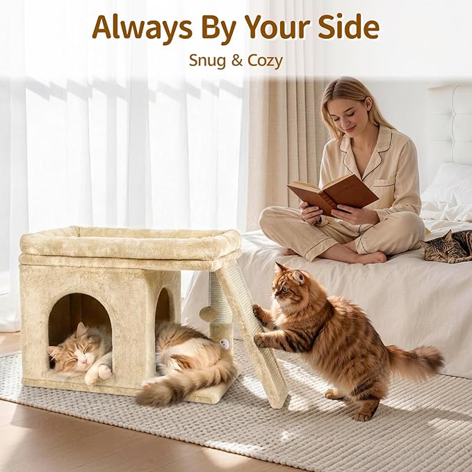 Cat Tree Tower Bed with Scratching Post for Indoor, Heavy Duty Small Stand House Condo for Large Cats & Kittens, Platform Perch Hideout Climb Rest Area, Modern Sturdy Furniture, Beige