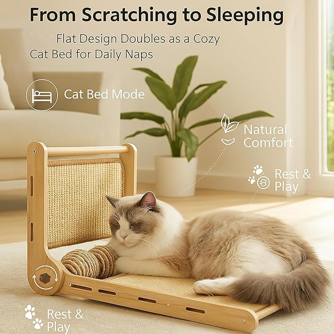 32" Sisal L Shaped Cat Scratch Pad with Ball Toy, Wooden Cat Scratching Post for Indoor Cats, 180° Angles Cat Scratcher for Indoor Cats, Durable Modern Cat Scratching Boards