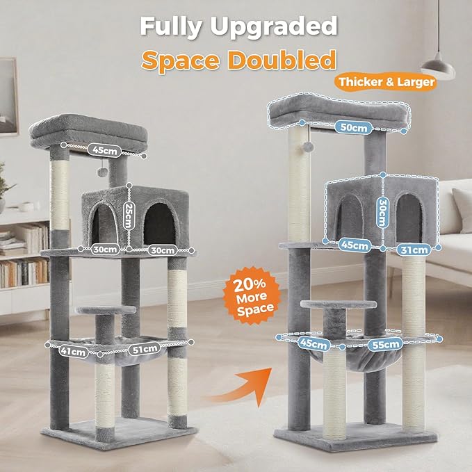 MUTTROS Large Cat Tree for Indoor Cats Large Adult, 57.8" Heavy Duty Cat Tower with Reinforced Scratching Posts (φ3.2in) and Plush Larger Hammock for Maine Coon & Big Cats, Supports 30lbs, Grey