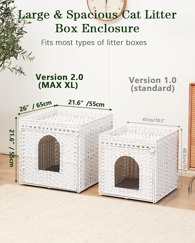 SETVSON Cat Litter Box Enclosure Furniture, Large Hidden Litter Box Furniture, Handwoven Rattan Cat House Cabinet, One Mat, Two S-Shaped Hooks, Living Room, Apartment 21.6 X 26 X 21.6 Inches, White