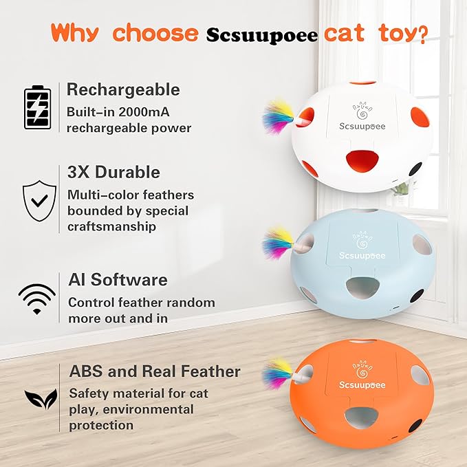 2-in-1 Rechargeable Interactive Cat Toy, Smart Sensor Pop-Up Feather Toy with 7 Holes, USB Powered Automatic Kitten Toy for Indoor Cats, Orange