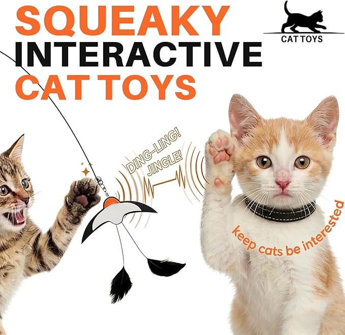 Walfront Interactive Cat Wand Toy with Strong Suction Cup Base, Bird Teaser with Bells, Triggers Hunting Instinct, Includes 2 Wands and 2 Replacement Birds, 35.4 Inch Wand for Indoor Cats