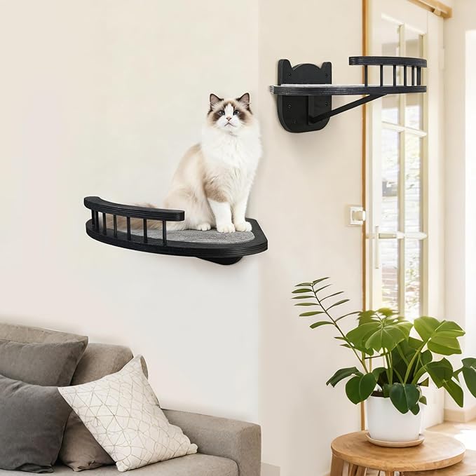 Cat Wall Shelves Furniture Set with Scratching Pad，Wooden Cat Climbing Wall Systems with 2 Perches and 3 Steps, Floating Shelves Bed Wall Mounted for Indoor Fit Up to 15Lbs (Black)