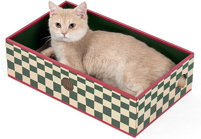Conlun Cat Scratcher Box with 3-Layer Corrugated Pad, Heavy-Duty Double-Sided Cardboard Scratching Board & Bed, Checkered Design, for Cats, Large