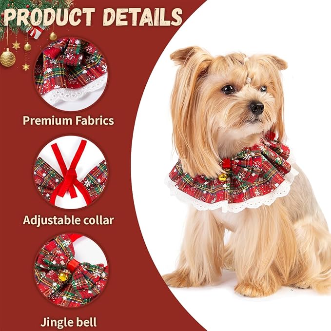 Dog Christmas Outfit – Holiday Dog Bandana with Bells, Plaid Scarf for Small Dogs & Cats, Cute Cat Christmas Outfit for Winter Parties & Photos (L)