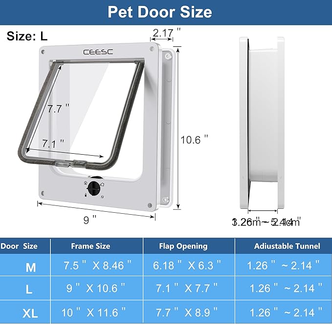 CEESC Large Cat Door for Interior/Exterior Door, Weatherproof, White, Rotary 4 Way Locking Pet Door for Cats & Dogs with Circumference < 23.62", Upgraded Version