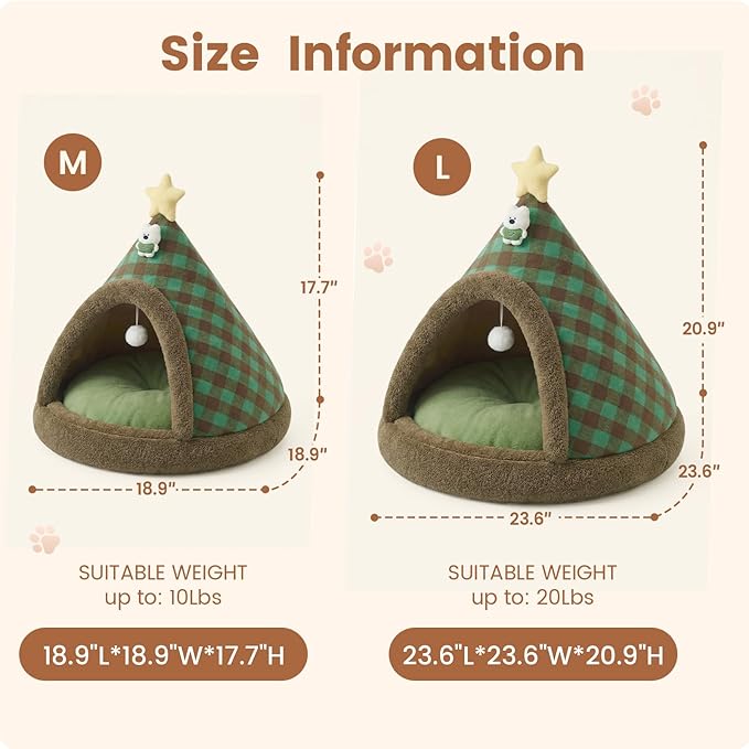 Jiupety Cat Tents for Indoor Cats,Cat House with Removable Washable Cushioned,2-in-1 Cat Cave Tent with Anti-Slip Bottom Ultra-Soft Pet Tent for Cats and Small Dogs,Green 23.6In