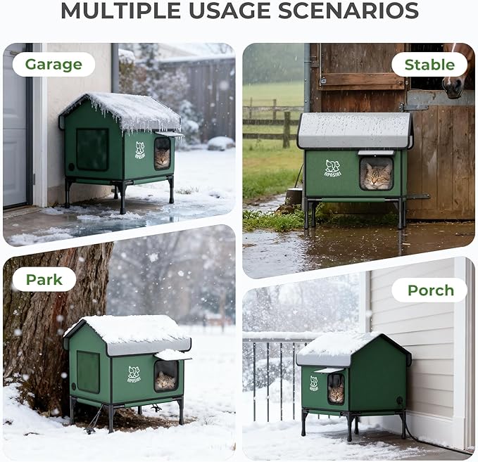 Outdoor Cat House Weatherproof – Insulated Feral Cat Shelter with Heating Pad, Water Resistant 900D Oxford, Anti-Peep Curtains & Escape Door, Elevated Design for All Seasons, Small