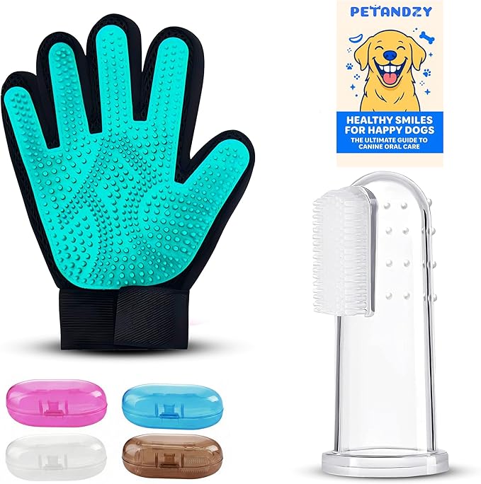 Pet Hair Removal Glove for Dogs & Cats – Dog Grooming Gloves for Shedding, Pet Hair Remover Glove – Pet Grooming Gloves, Cat Grooming Gloves & Cat Brush Glove (Glove + Finger Toothbrush Kit)