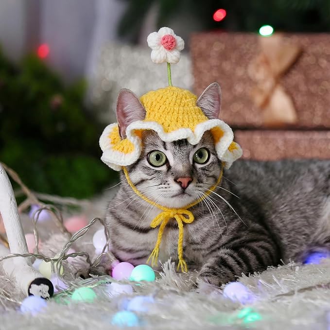 2pcs Cute Flower Cat Hat, Cotton & Soft Cute Knitted Hats for Cats, Halloween Christmas Holiday Party Clothes Birthday Party Puppy Hat for Small Pets, Holiday & Photo Outfit