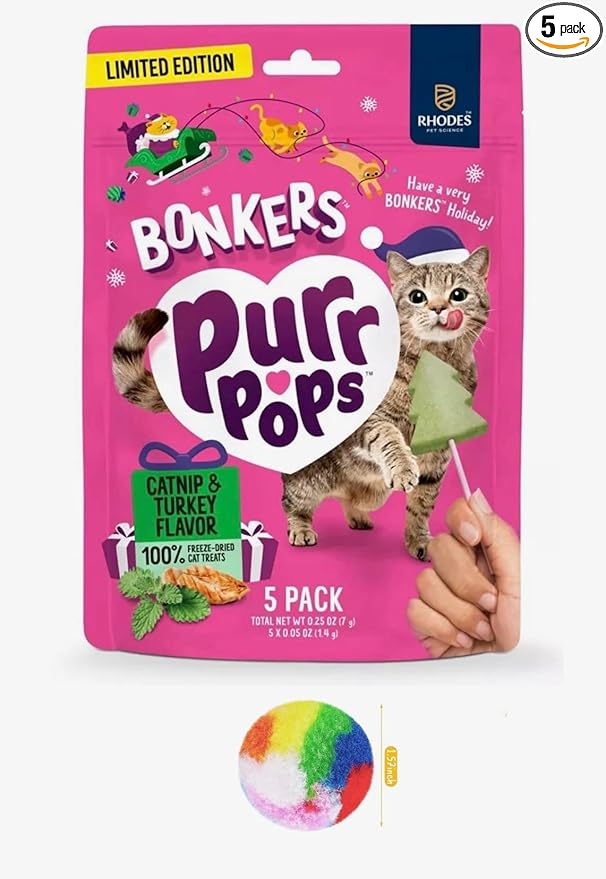 Bonkers Purrpops Christmas Themed Limited Edition Holiday Chicken Flavor Freeze-Dried Licks Cat Treats Catnip & Turkey Flavor - 5 Pack with 1 Cat Pom Pom Balls Toy