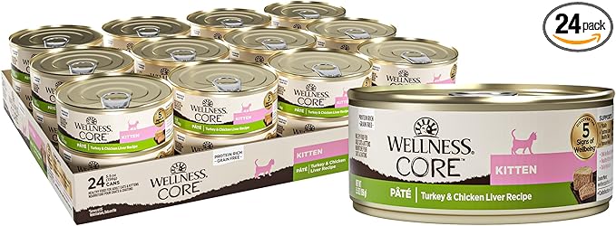 Wellness CORE Pate Kitten Canned Wet Cat Food, Natural, Protein Rich, Grain Free, Turkey and Chicken Liver Recipe, 5.5 oz, Pack of 12 Cans