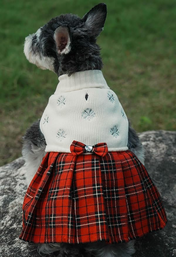 White Embroidery Snowflake Ugly Vintage Knit Reindeer Holiday Festive Christmas Dog Sweater Dress for Dogs Large (L) Size Back Length 15"