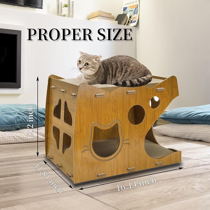 WRINGKIT Cat Scratcher House, 2 in 1 Cat Cardboard House with 2 Scratching Pads, Sturdy Cat House Lounge for Indoor Cats to Rest and Hide, Maximum Load Capacity 66 Lbs