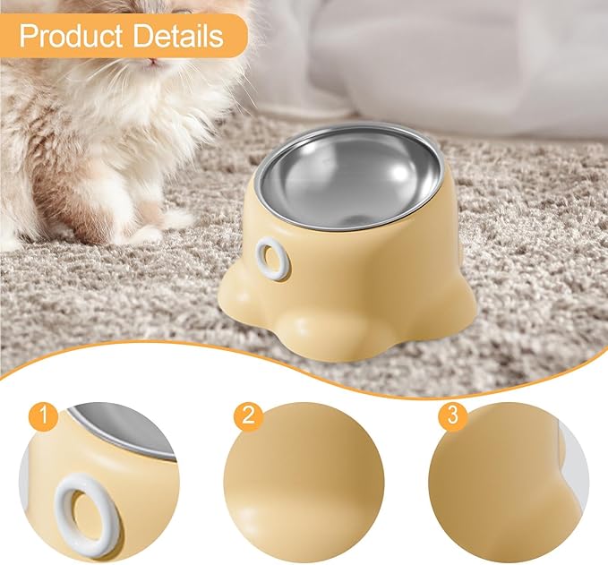 Gralara Tilted Cat Feeder Bowl, Feeding Dish Home Indoor Watering Versatile Food Dispenser, Removable Stainless Steel Bowl for Puppy, Yellow