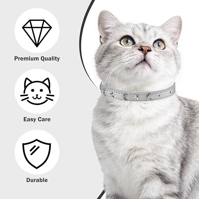 Leather Cat Collars for Boy Girl Cats with Bell and Safety Elastic Belt, Personalized Star and Moon Stud Adjustable Safe Buckle Collar for Kitty Small Big Cats Size 7-9 Inch, Silver Grey