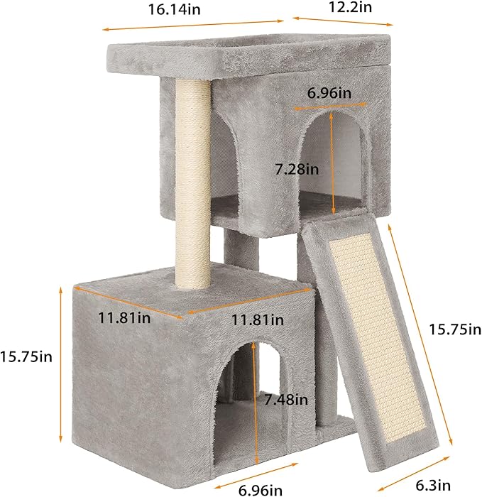 27 inch Small Cat Tree,Komicoll Multi-Level Cat Tower with Sisal Scratching Posts,2 Comfy Condos,Large Plush Top Perch Ideal for Indoor Cats and Kittens (Grey)
