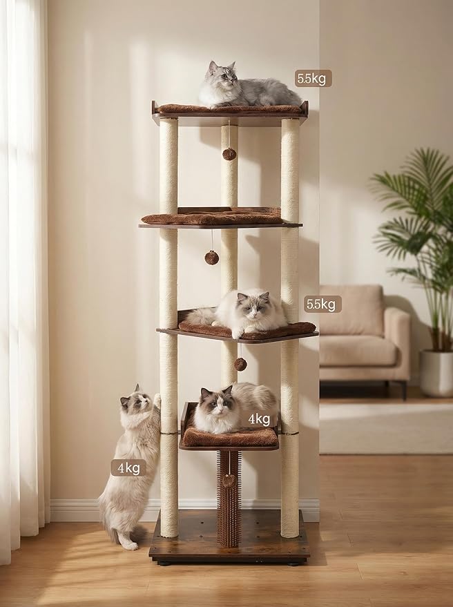 FourFurPets Heavy Duty Cat Tree, 67.7" Cat Tree for Indoor Cats Large Adult, Modern Cat Tower for Large Cats, Cat Tower with Scratching Post, Large Perch and Removable Pads, Rustic Brown