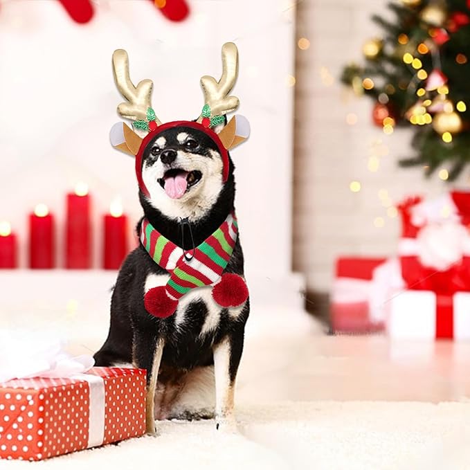 2Pcs Dog Christmas Outfit Dog Reindeer Costume Elk Antlers Headband and Red-White-Green Striped Scarf Set Pet Costumes Accessories for Dogs and Cats