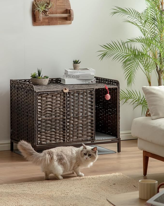 SETVSON Cat Litter Box Enclosure Furniture with Divider, Handwoven Rattan Litter Box with Mat, 31.2 x 19.6 x 24.2 Inches, Metal Heightened Feet, Hidden Cat House for Living Room, Bedroom (Brown)
