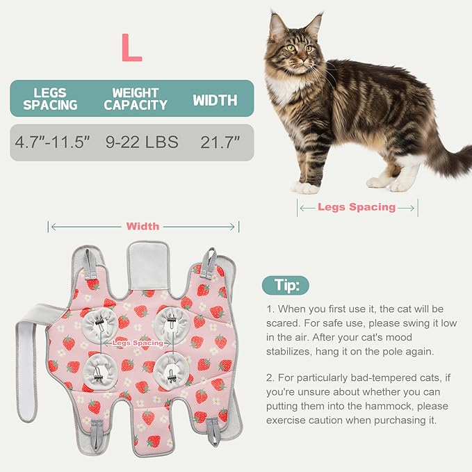 Supet Cat Grooming Hammock Harness for Nail Trimming, Cat Grooming Hanging Sling for Nail Clipping, Pet Restraint Holder for Cutting Nails, Medicine, Ear & Teeth Cleaning, Eye Care (Strawberry L)