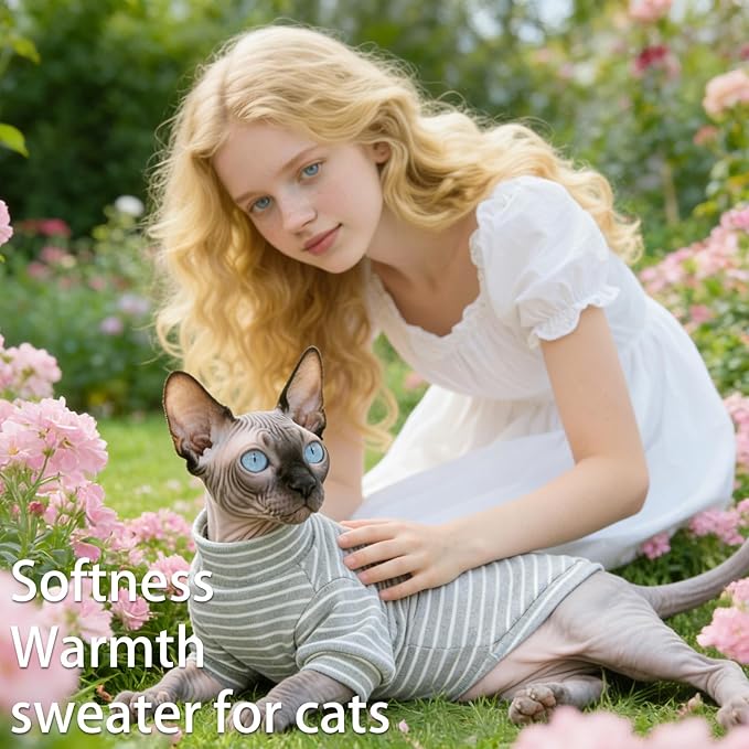 Fleece Sphynx Cat Clothes Soft Hairless Cat Clothes Pullover Cat Sweater for Chihuahua All Season Light and Warm Kitten Cloth for Cats Only Puppy Clothes Small Dog Sweater (Gray Striped, Medium)
