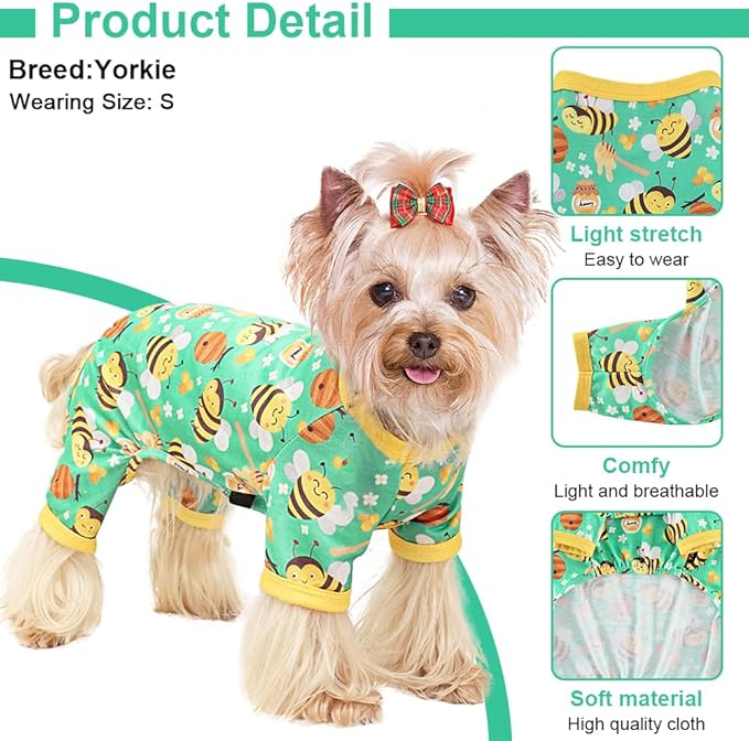 Yikeyo Dog Pajamas Small Sized Boy Girl, Cotton Stretchable Pet Clothes Jammies Puppy Outfits for Dogs Female Male, Spring Summer Doggie Pjs Doggy (Bee Green, M)