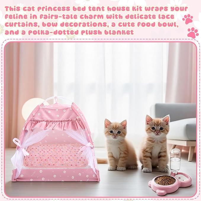 BreezeHug 3-in-1 Pet Princess Tent Bed Set for Cats & Small Dogs, Cute Soft Pink Cat Bed with Food Bowl, Water Dispenser & Washable Cushion, Complete Starter Kit for Indoor Pets