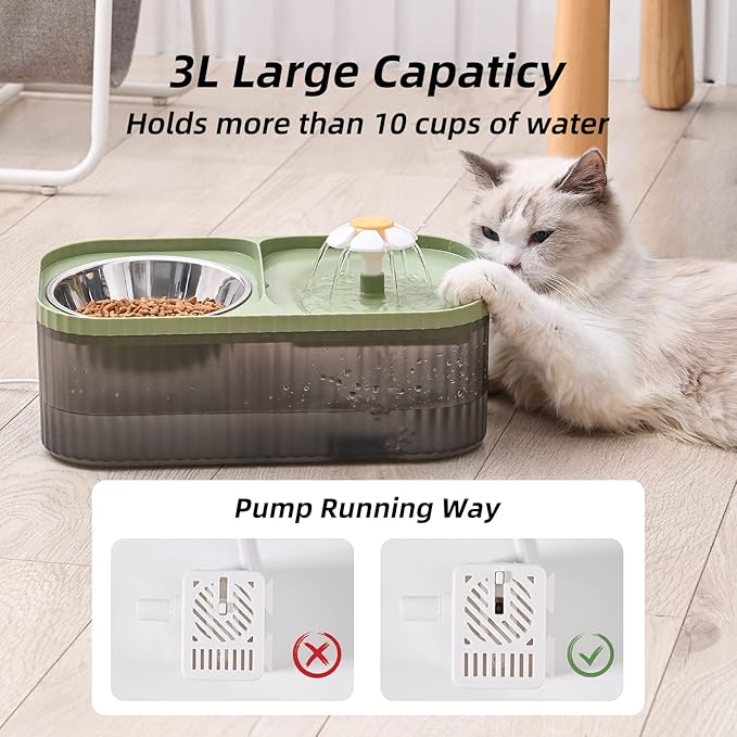 3L/101oz Pet Water Fountain with 3 Filters and Pump & 1 Replacement Pump (Black & Green)