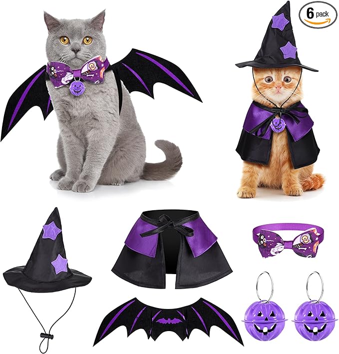 6 Pcs Cat Halloween Costume Set - Wizard Clothes, Cloak, Wings, Adjustable Hats, Bow Ties, Neckties, and Ornament Bells