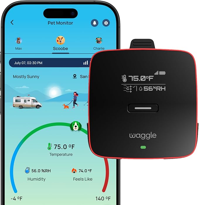 Waggle 4G Pet Temperature Monitor with GPS & AQI - No WiFi Needed - Real Time App, SMS & Email Alerts - RV, Car & Home Safety Device - Power Outage Alerts - Subscription Required