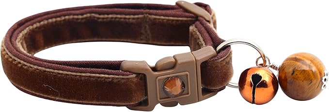 Velvet Cat Collar with Bell | Safety Breakaway Collar | Adjustable Large Size or Kitten Collar (Brown, Small(10lbs & Less))