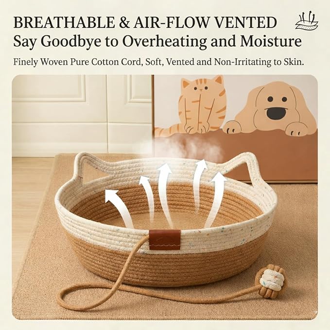 Interactive Cat Bed Basket Handwoven Cotton Rope Stimulicat Cat Basket with Toy Ball, Foldable Scratchable Instinct Basket for Cats & Kittens Stimuli Cat Basket Nest