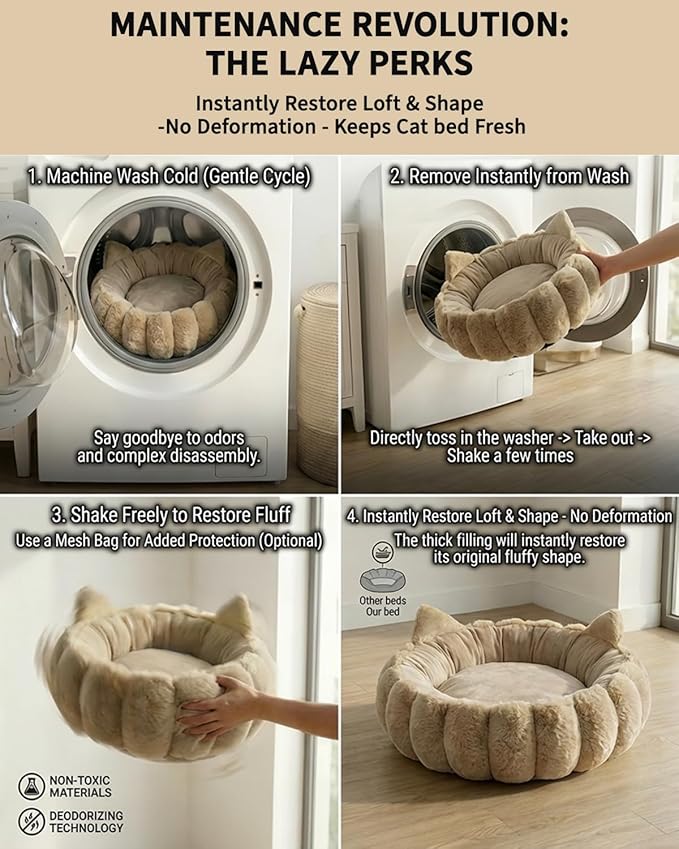 24 Inch Round Cat Beds for Indoor Cats, Cute Plush Kitty Bed with Cat Ears, Calming Cat Donut Bed with Supportive Cushion, Washable Cat Bed for Indoor Cats, Kitten Bed, Large Cat Bed