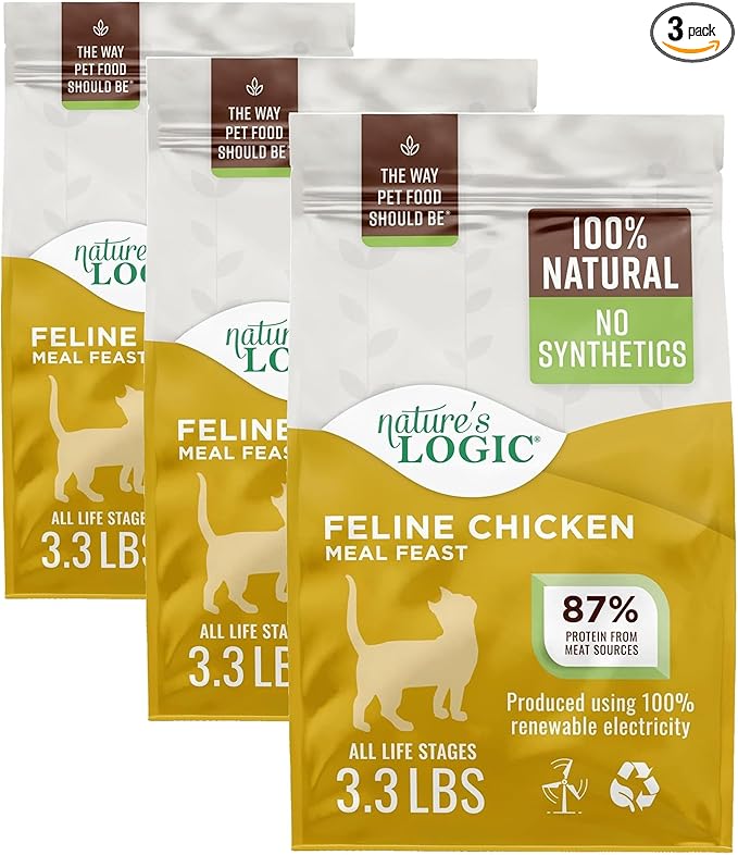 NATURE'S LOGIC Feline Chicken Meal Feast Cat Food - High-Protein Dry Food for Cats, 100% Natural Nutrition with Probiotics & Prebiotics - All Life Stages - Chicken, 3.3lbs (Pack of 3)