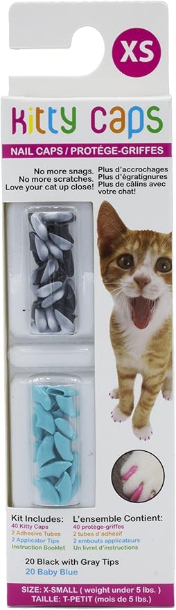 Kitty Caps Nail Caps for Cats | Safe, Stylish & Humane Alternative to Declawing | Stops Snags and Scratches, X-Small (Under 5 lbs), Black with Gray Tips & Baby Blue (Pack of 1)
