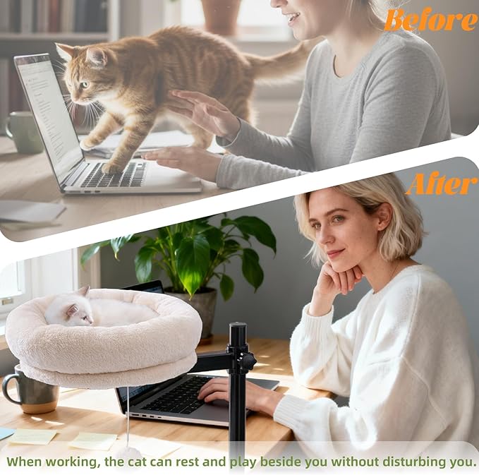 BYBYME Cat Desk Bed for Indoor Cats, Kitty Bed for Desk Supports 44 lbs, 360° Rotation & Adjustable, Soft Cat Nest Desktop with Hanging Ball for Office Desks Home Tables, 12" in Diameter（White）